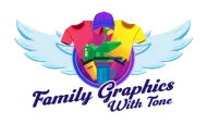 Logo for Family Graphics With Tone: a circle featuring a heat press, shirts, cap, and mug with wings on a white background.