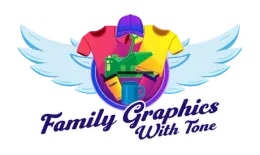 Logo for Family Graphics With Tone: a circle featuring a heat press, shirts, cap, and mug with wings on a white background.