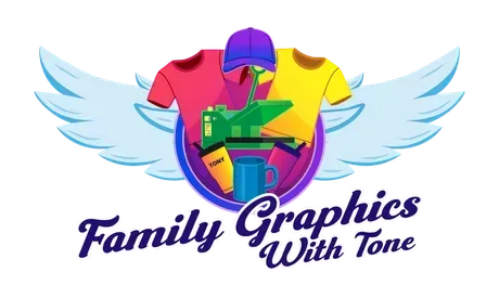 Logo for Family Graphics With Tone: a circle featuring a heat press, shirts, cap, and mug with wings on a white background.