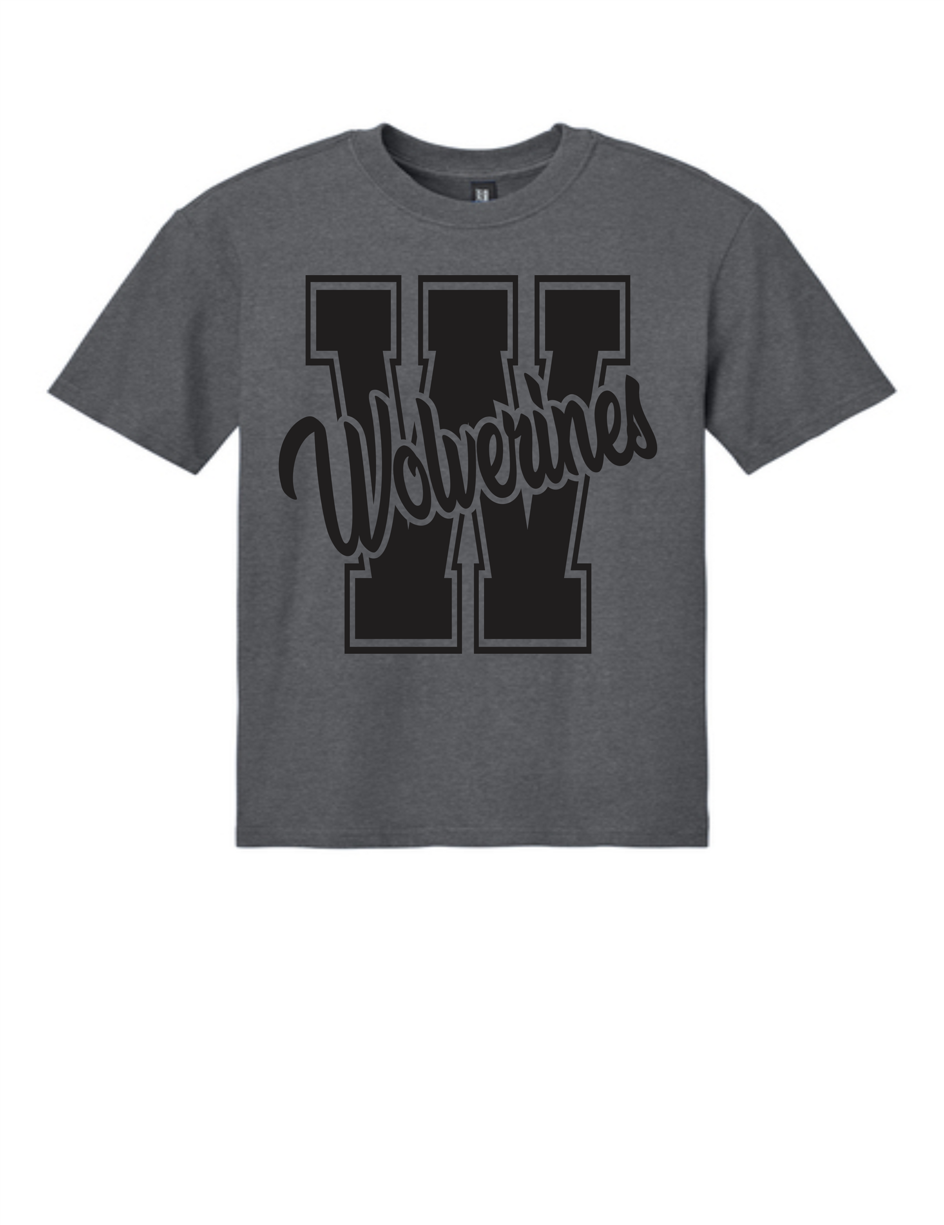 A grey short-sleeved T-shirt with a large black letter 