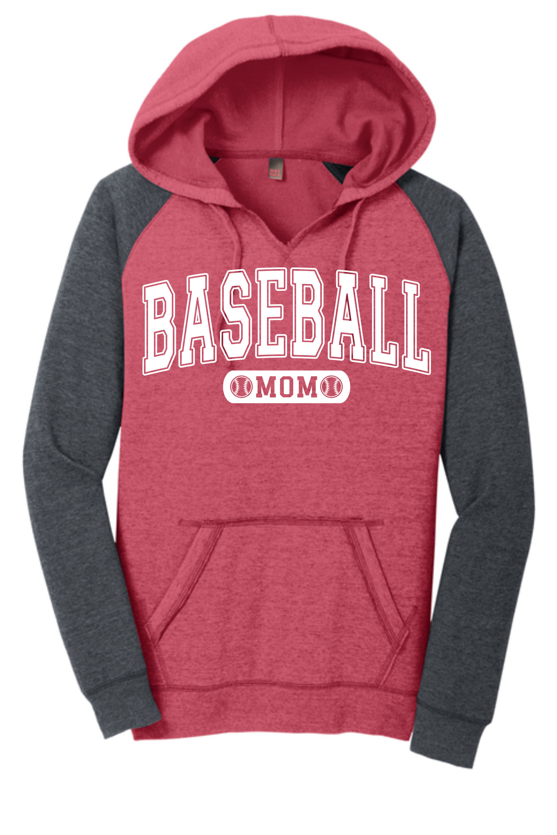 A red and grey hooded sweatshirt with white 