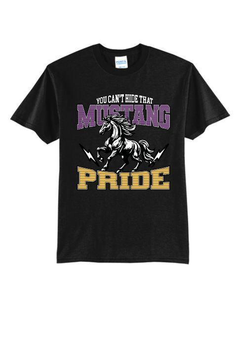 Black t-shirt with a white horse graphic, lightning bolts, and the text 