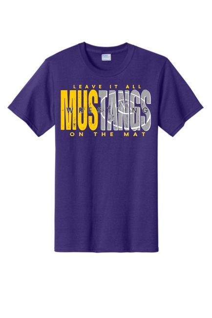 A purple T-shirt with the white and gold text 