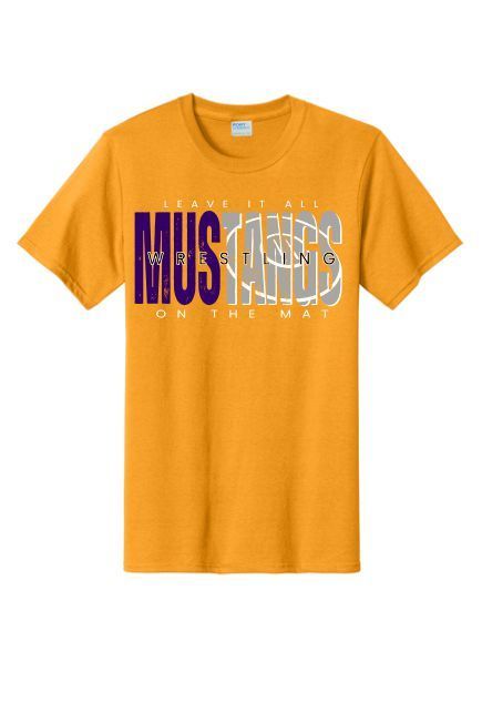 A mustard-yellow t-shirt featuring the purple and white graphic 