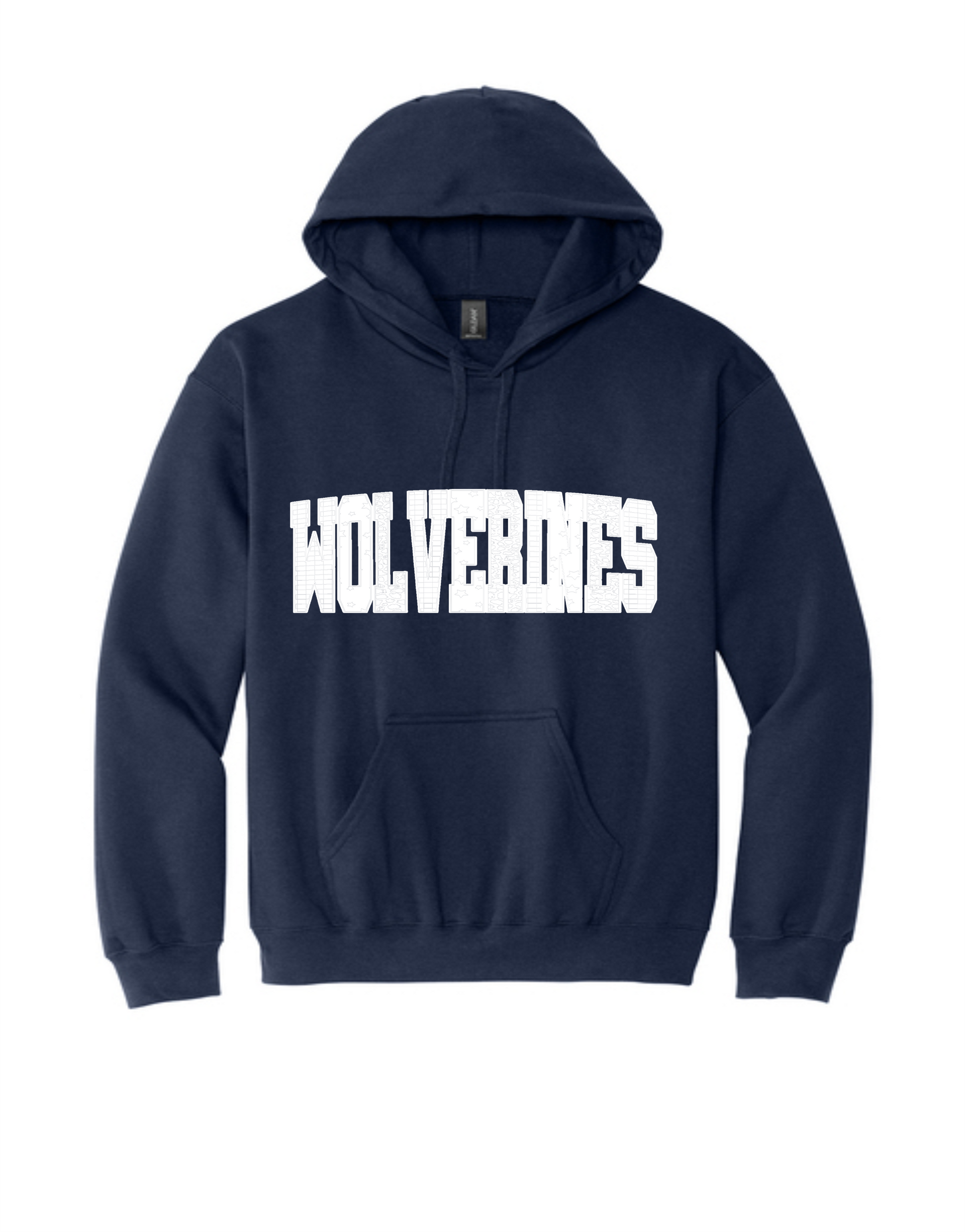 A navy blue pullover hoodie featuring the word 