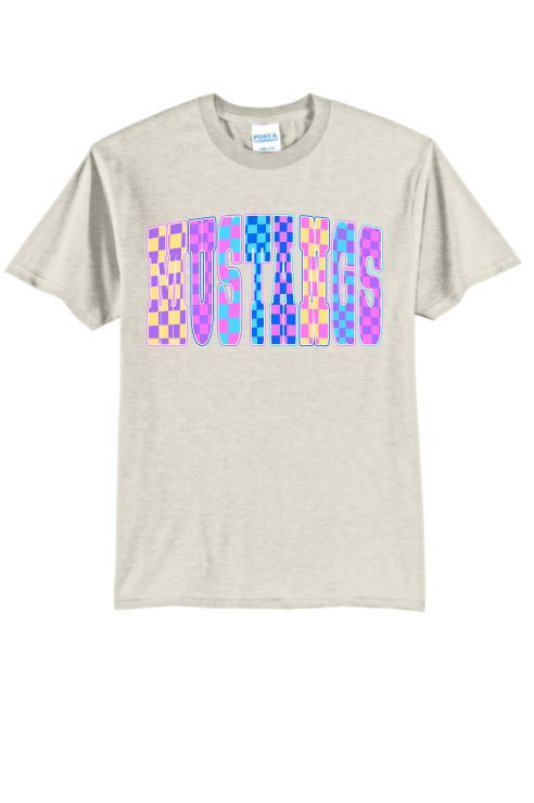 A beige short-sleeve t-shirt with the word 
