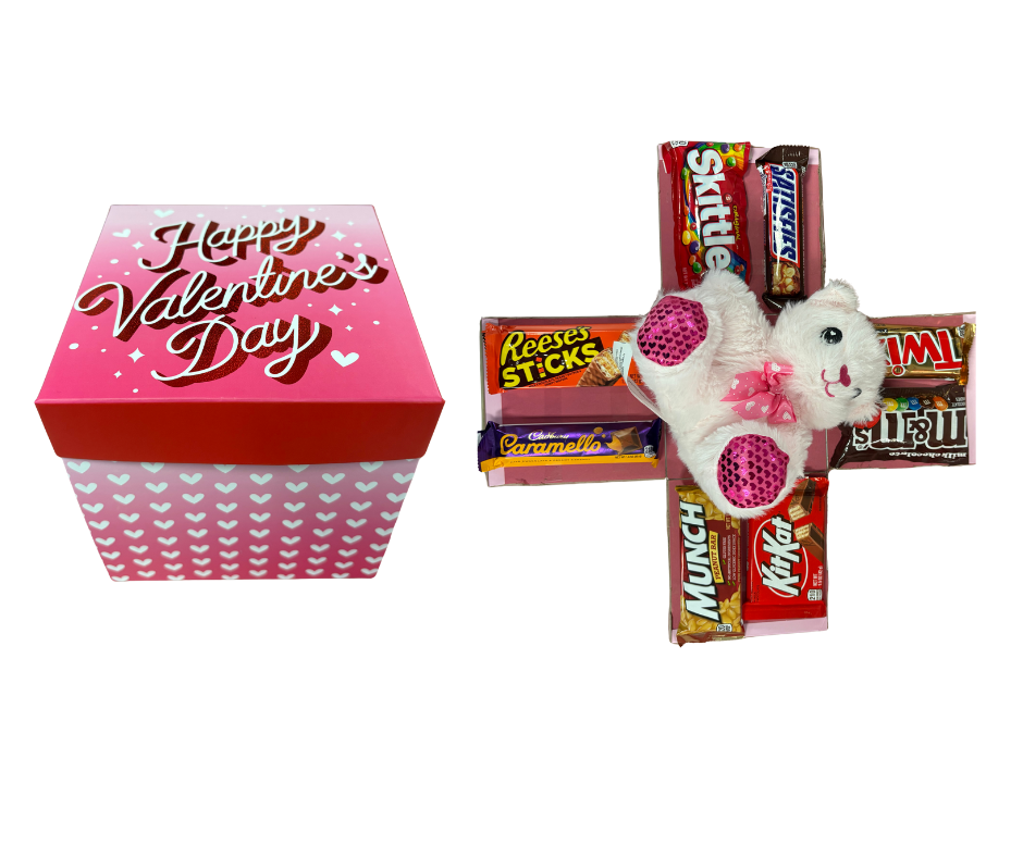 A Happy Valentine's Day gift box shown closed and open, featuring a plush bear surrounded by assorted chocolate bars.