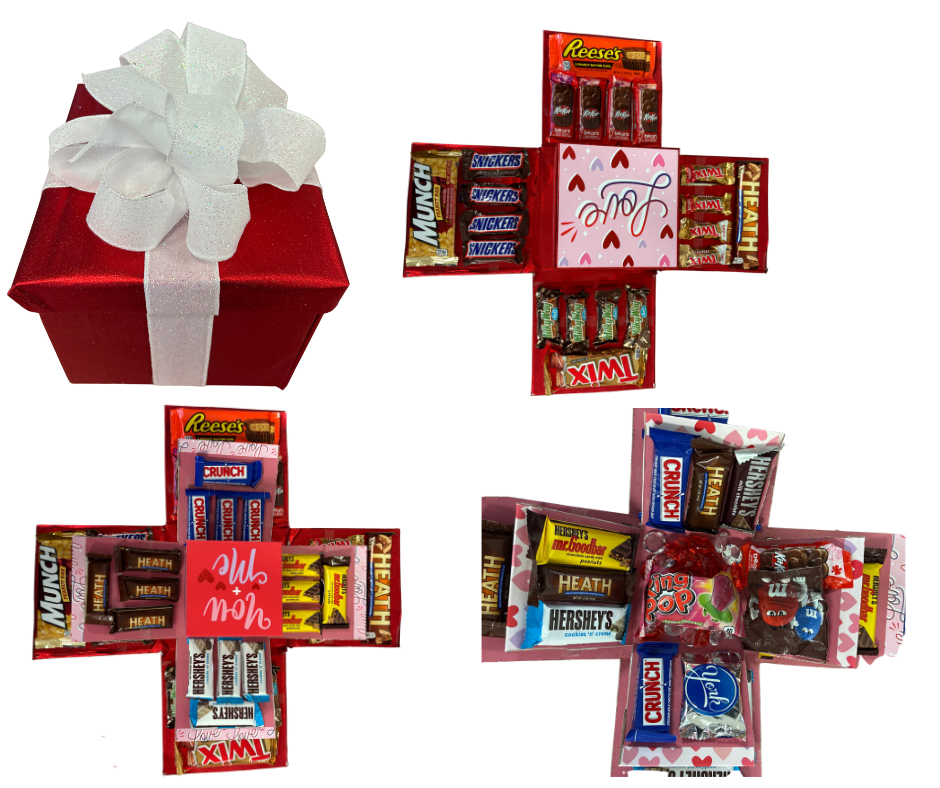 A red glittery gift box with a white bow, shown closed and then open with its sides laid flat, filled with various candies.