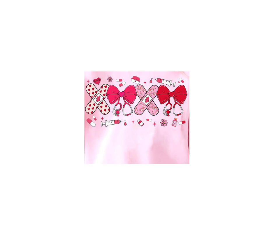 A light pink graphic featuring a repeating pattern of white bandages with hearts, red bows, and medical stethoscopes.