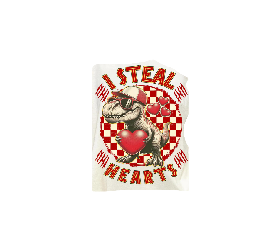 A cartoon T-rex wearing sunglasses and a cap holds a red heart in front of a red-and-white checkered circle with text.