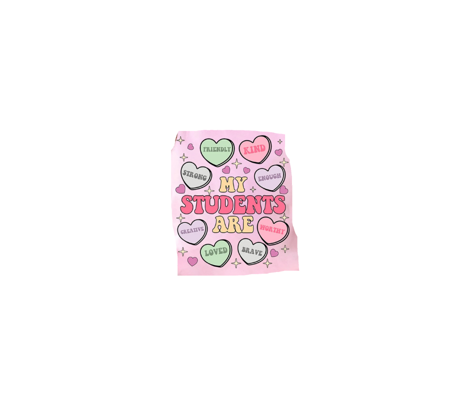 A pink graphic with hearts containing positive words surrounding the phrase 