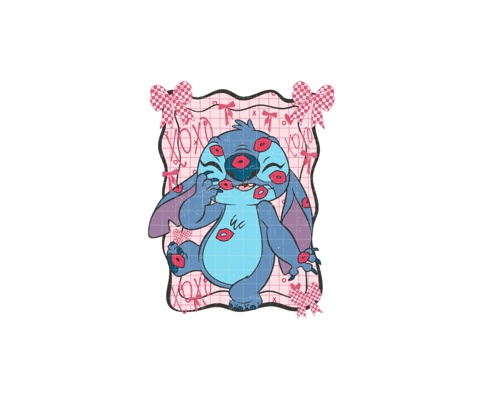 Stitch from Lilo & Stitch, covered in red lipstick kiss marks, centered against a pink, grid-patterned background.