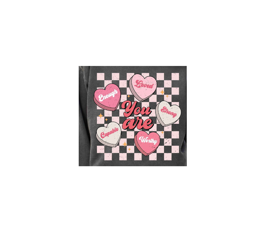 A black-and-white checkerboard background features 