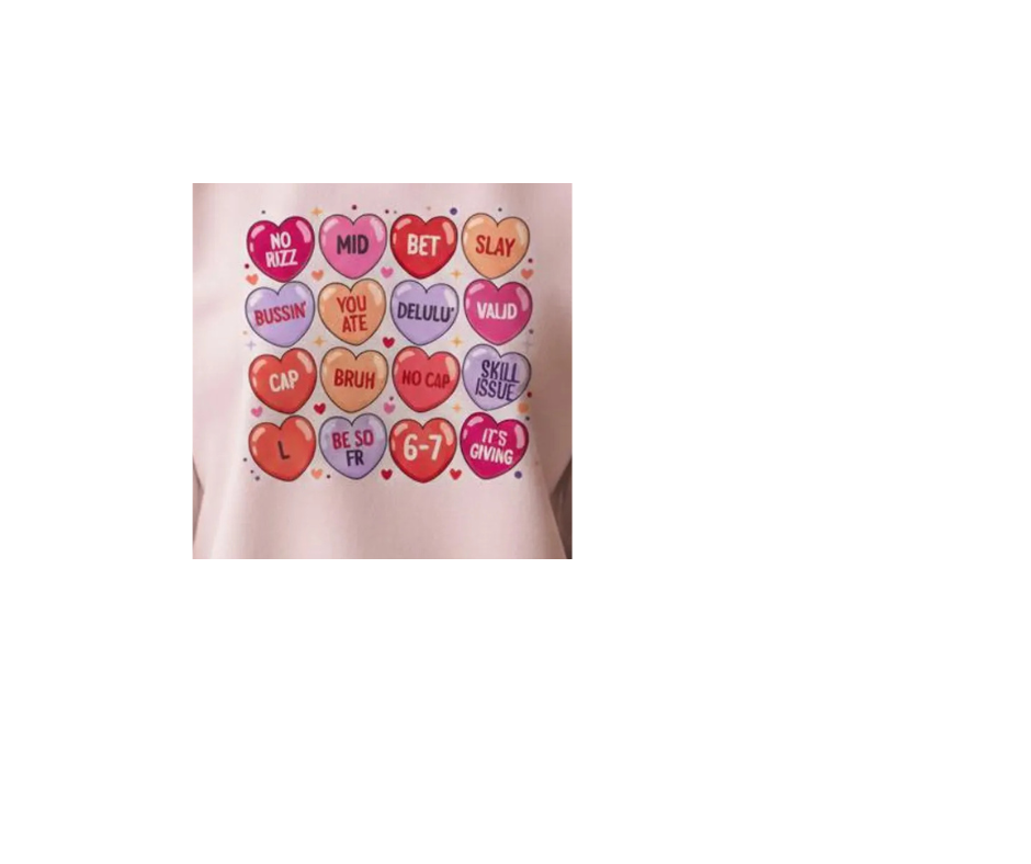 A pink t-shirt featuring a grid of 16 heart-shaped candies with modern slang phrases like 