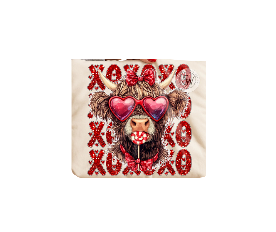 A highland cow with heart-shaped glasses and a lollipop, set against a background of repeating red glittery 