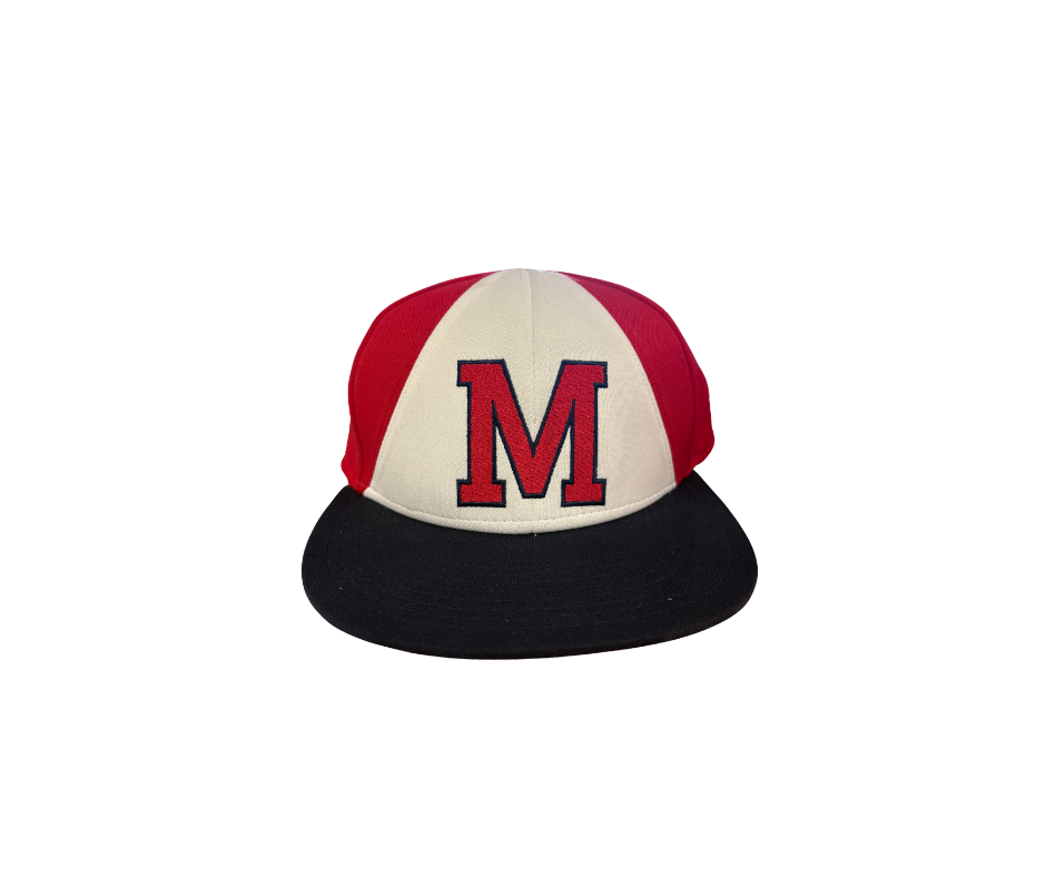A three-toned baseball cap featuring a cream-colored front panel with a red 