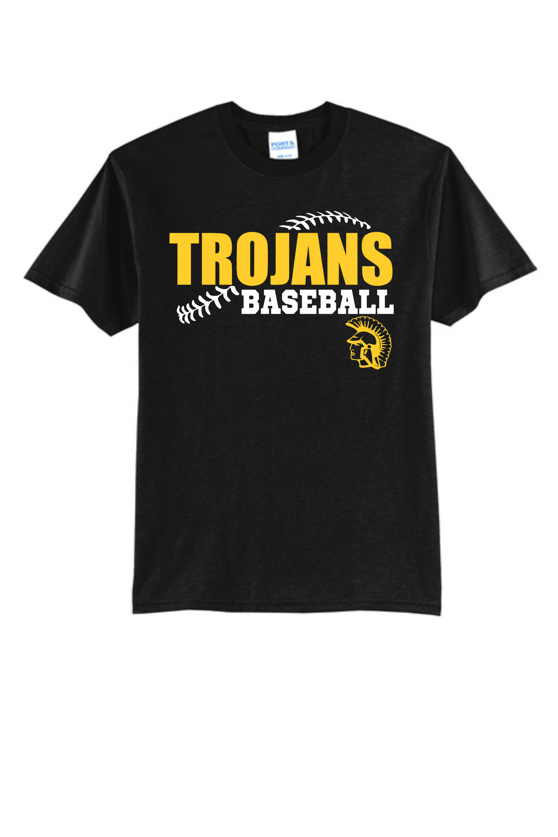 Black t-shirt featuring a yellow 