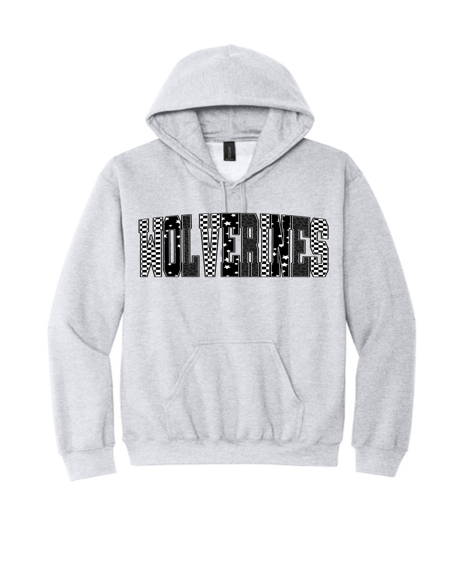 A light gray hooded sweatshirt with 