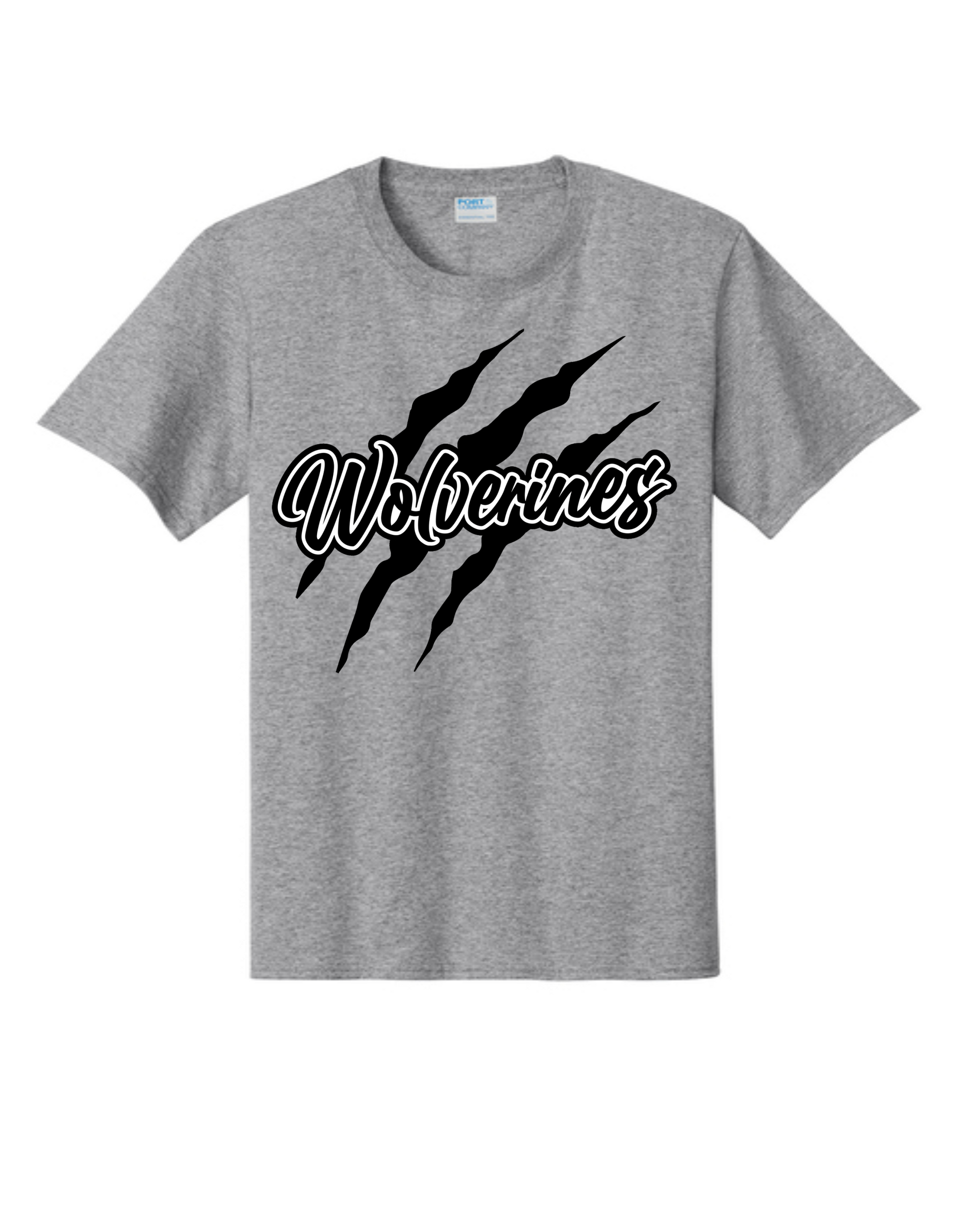 A grey crew-neck t-shirt featuring the word 