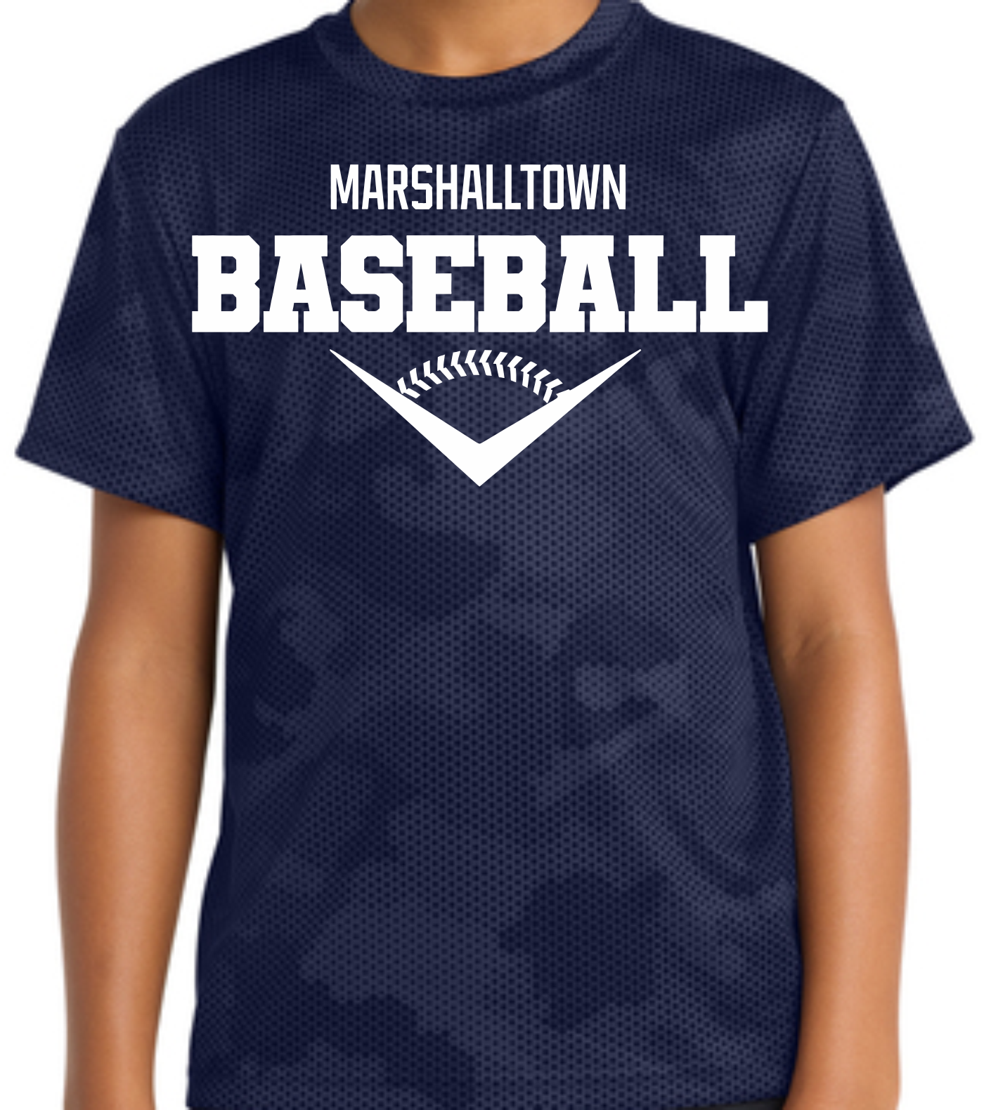 A dark blue camouflage t-shirt featuring the white text 