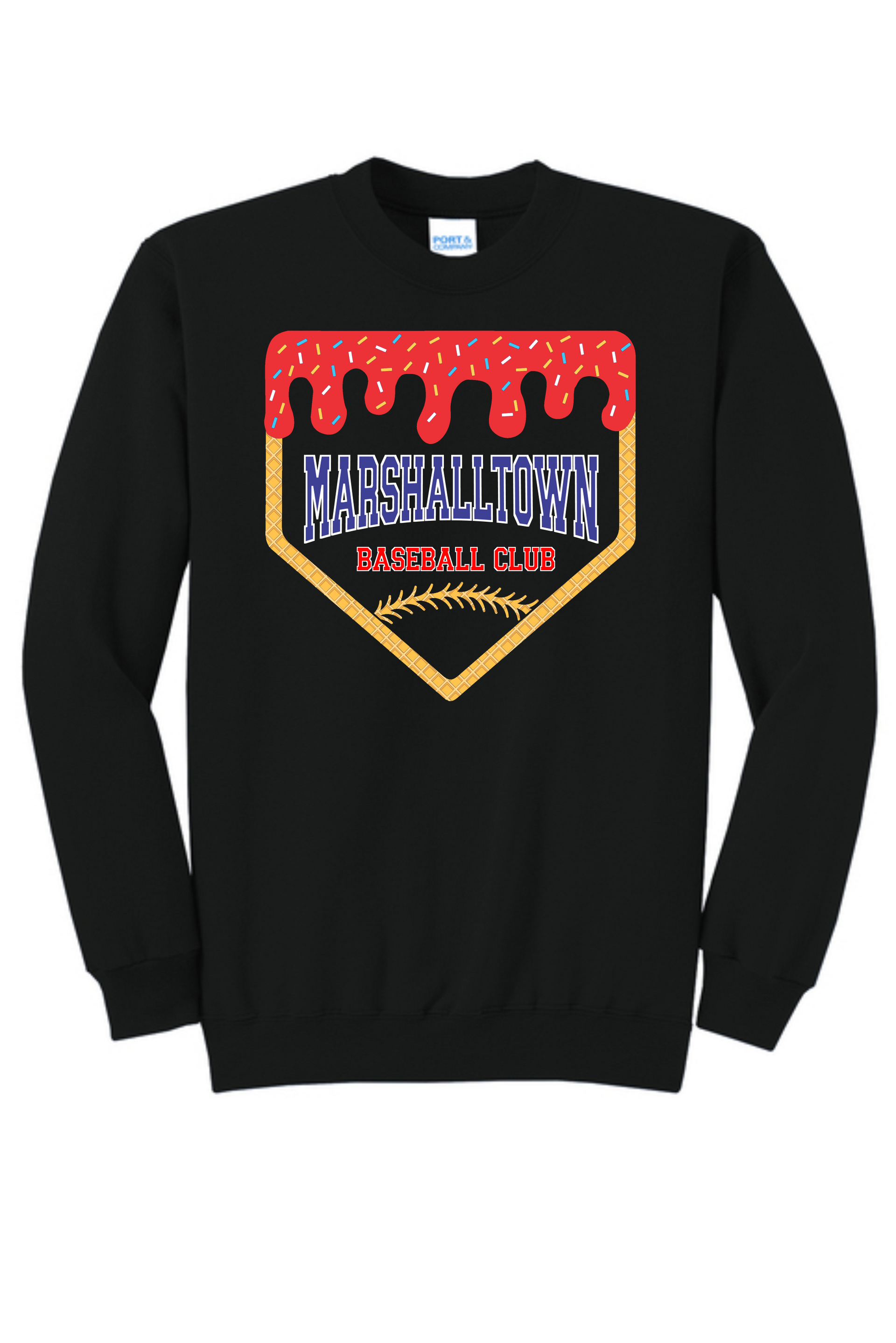 A black T-shirt featuring a home plate graphic with red icing, blue 