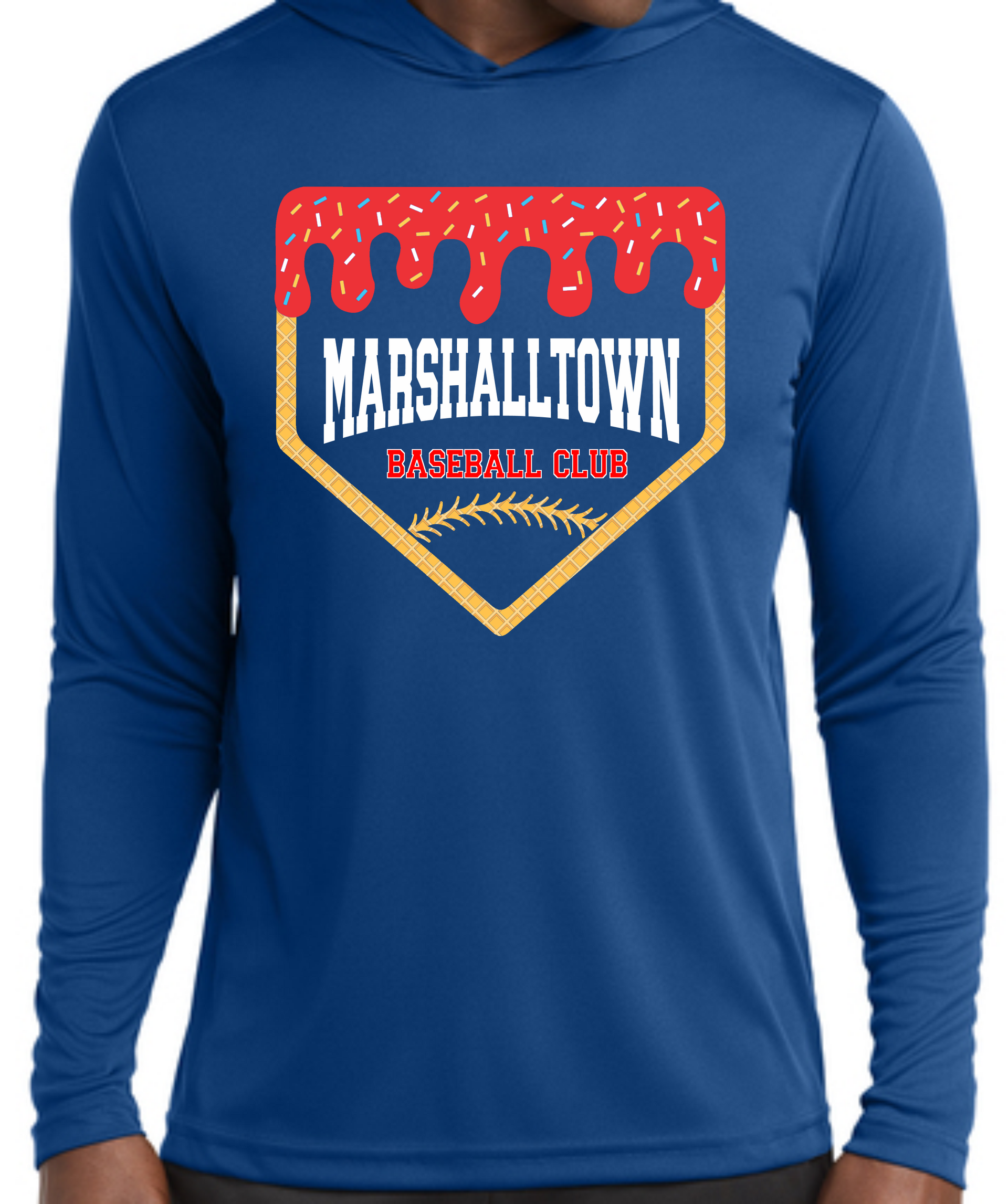 A blue t-shirt with a home plate graphic featuring 