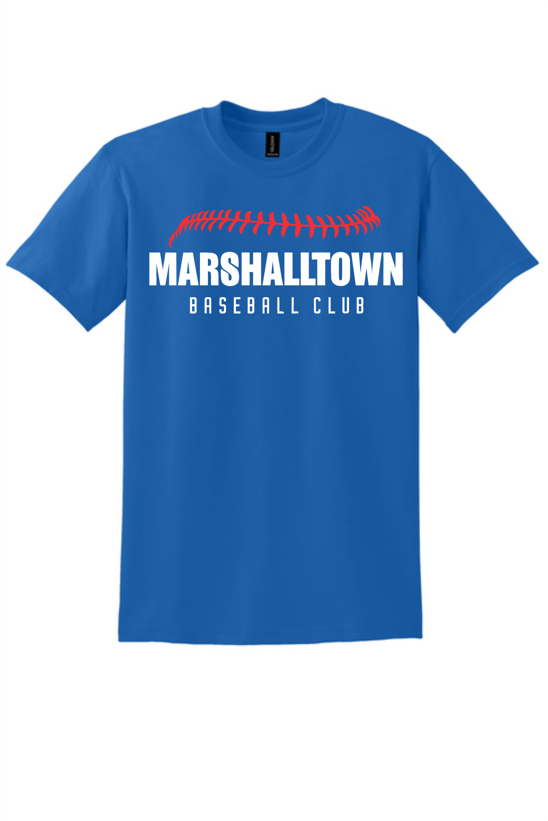 A blue t-shirt featuring the white text 