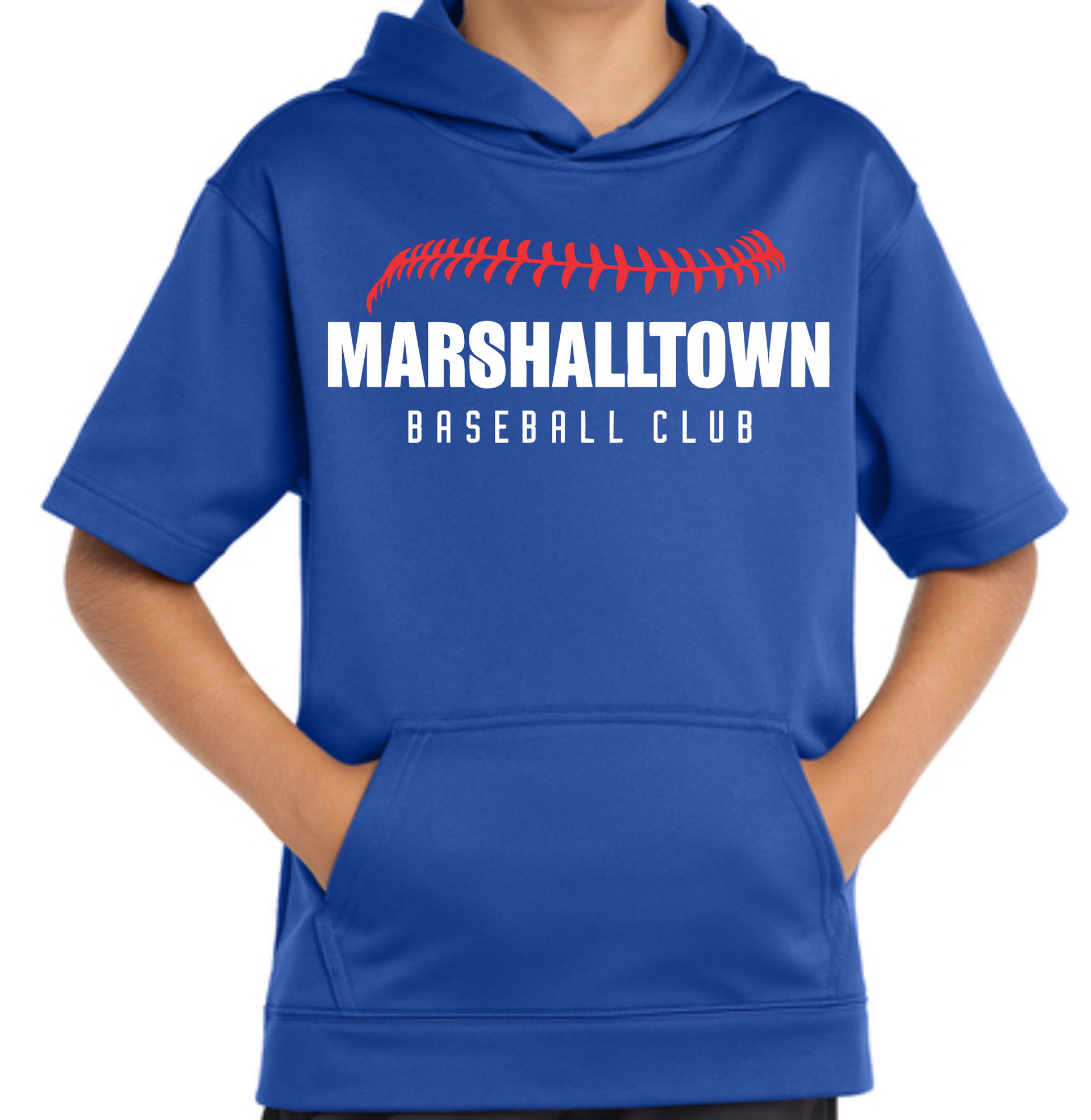 A blue t-shirt featuring the white text 