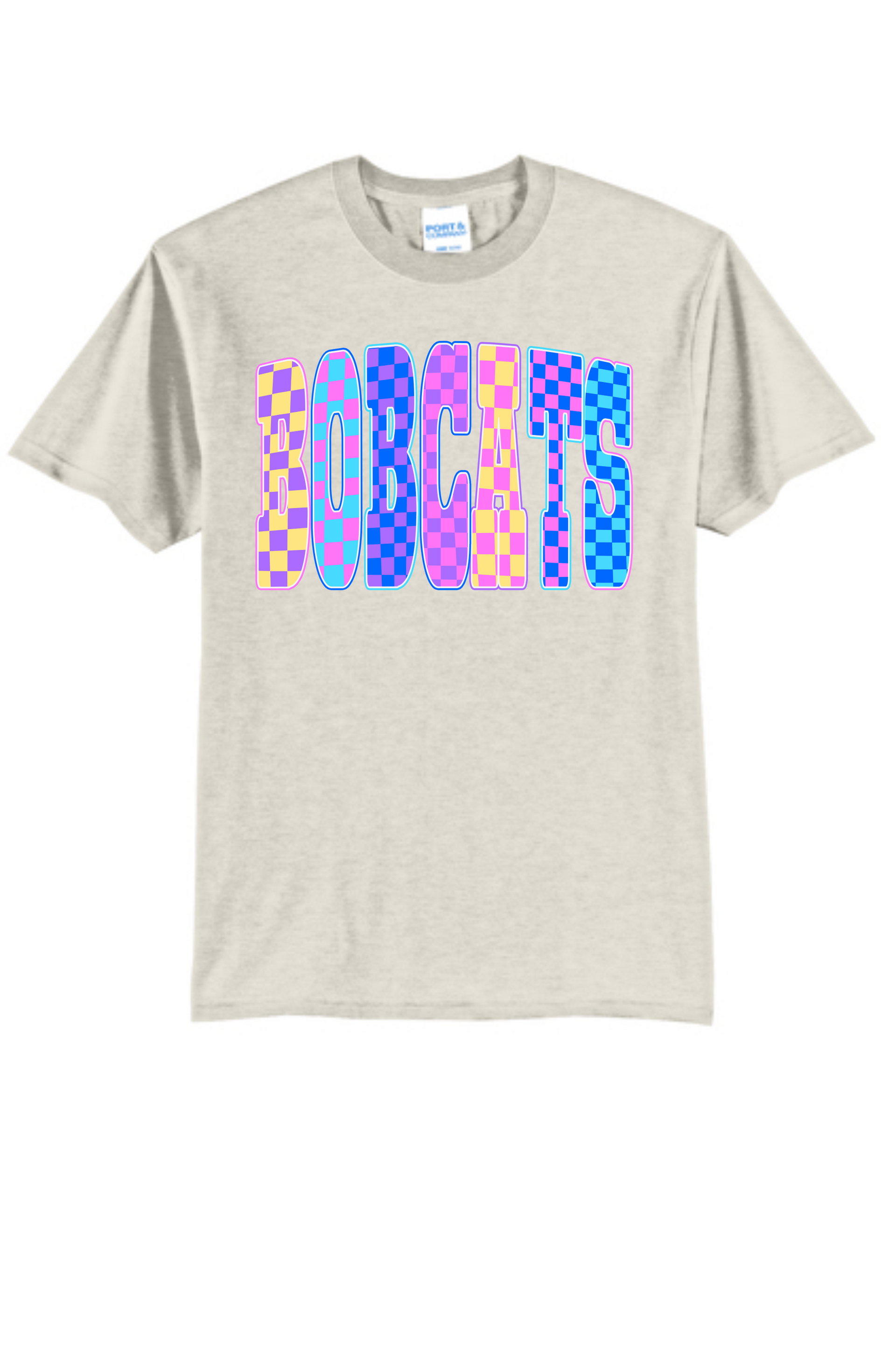 A beige crewneck t-shirt featuring the word 