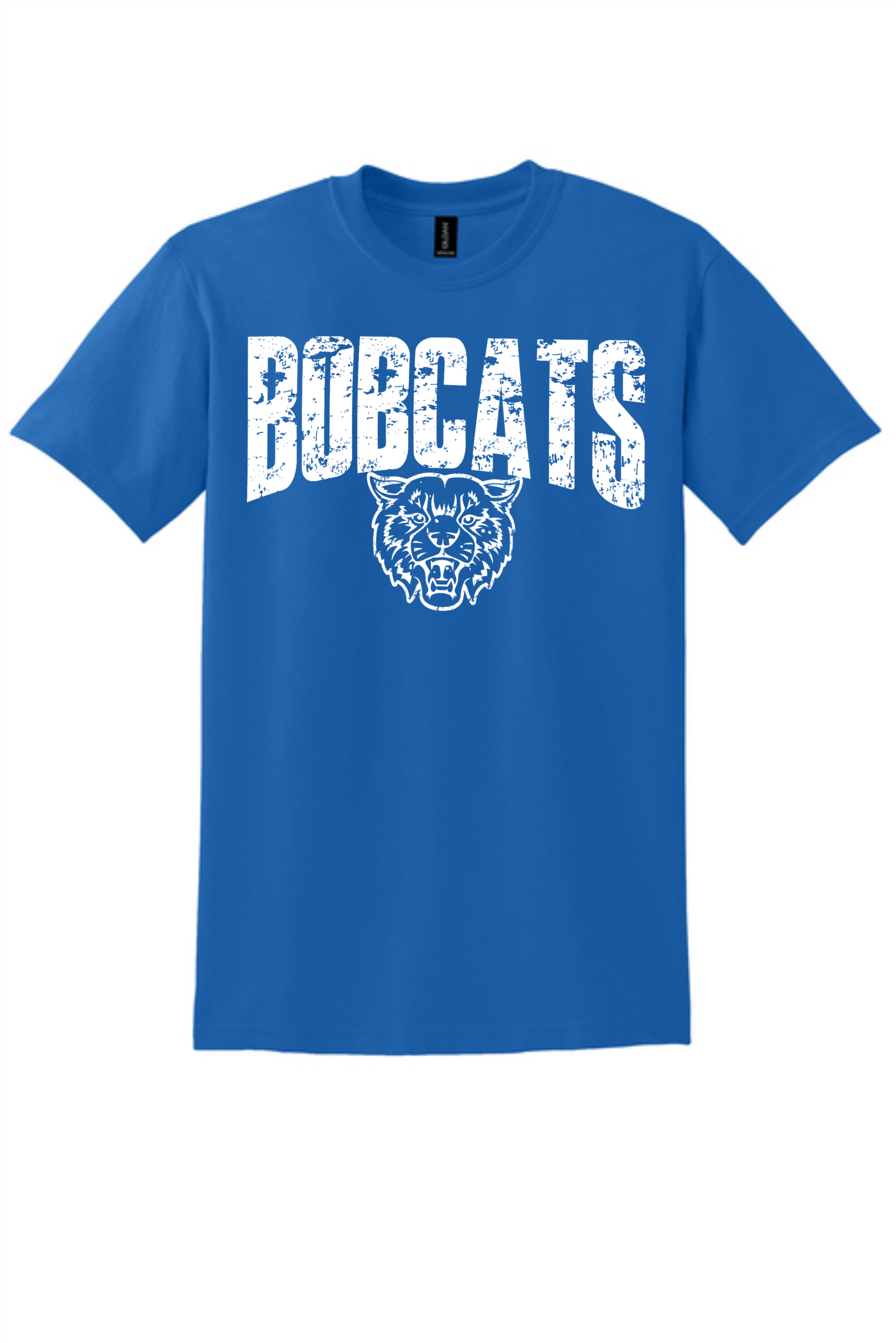 A blue crew-neck t-shirt featuring the white, distressed text 
