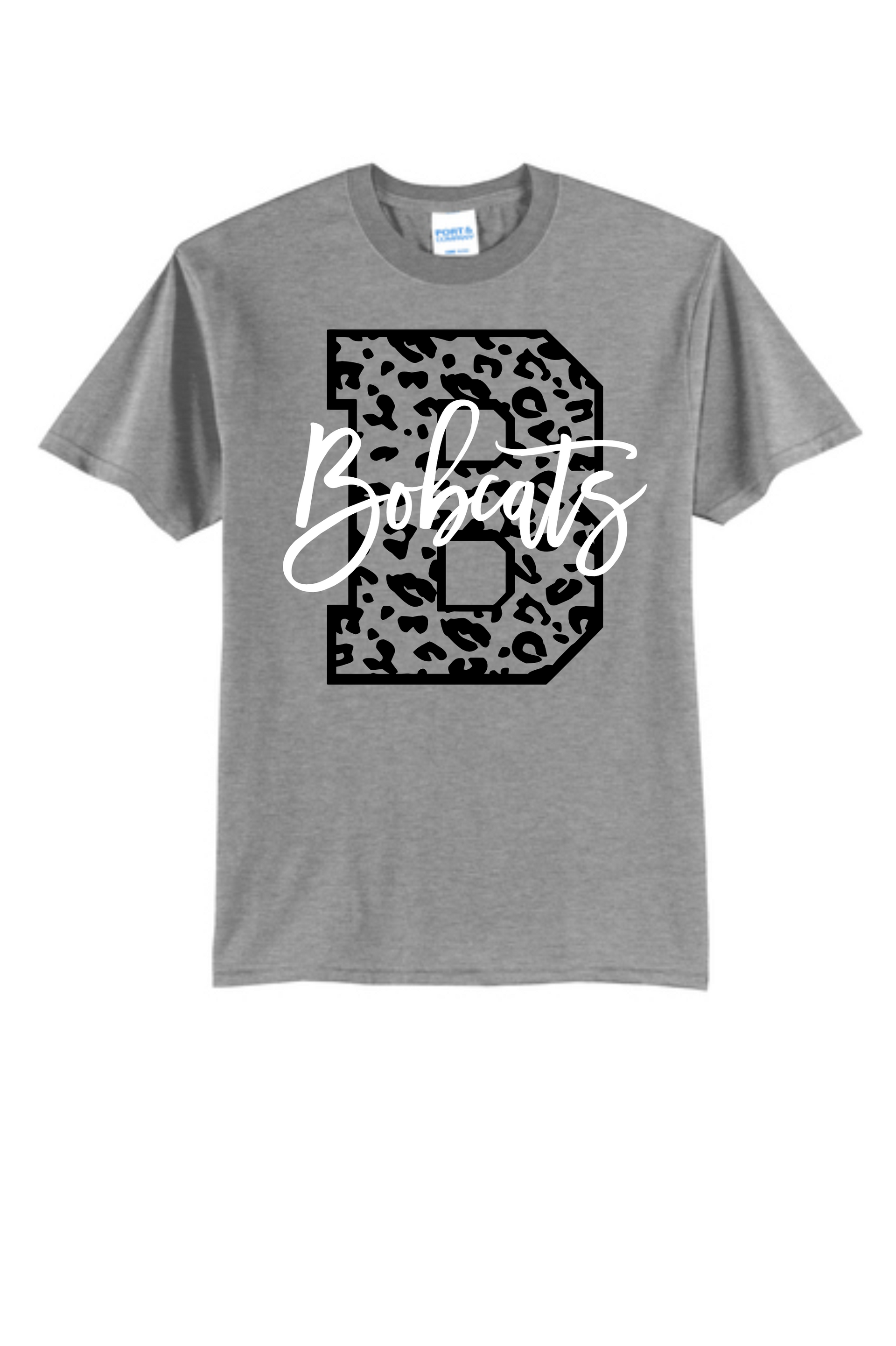 A gray t-shirt featuring a large black-and-gray leopard print letter 