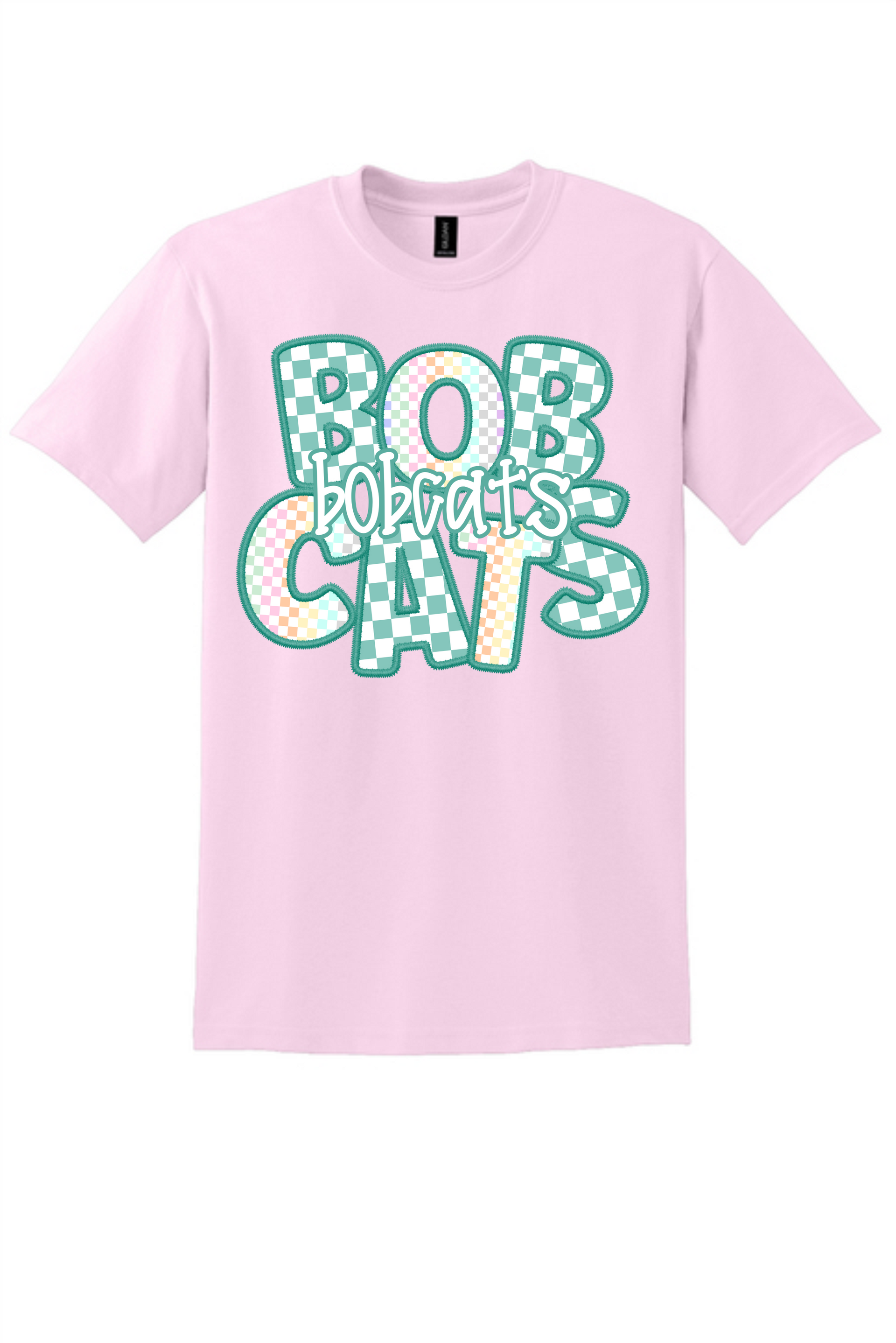 Light pink short-sleeved t-shirt featuring the word 