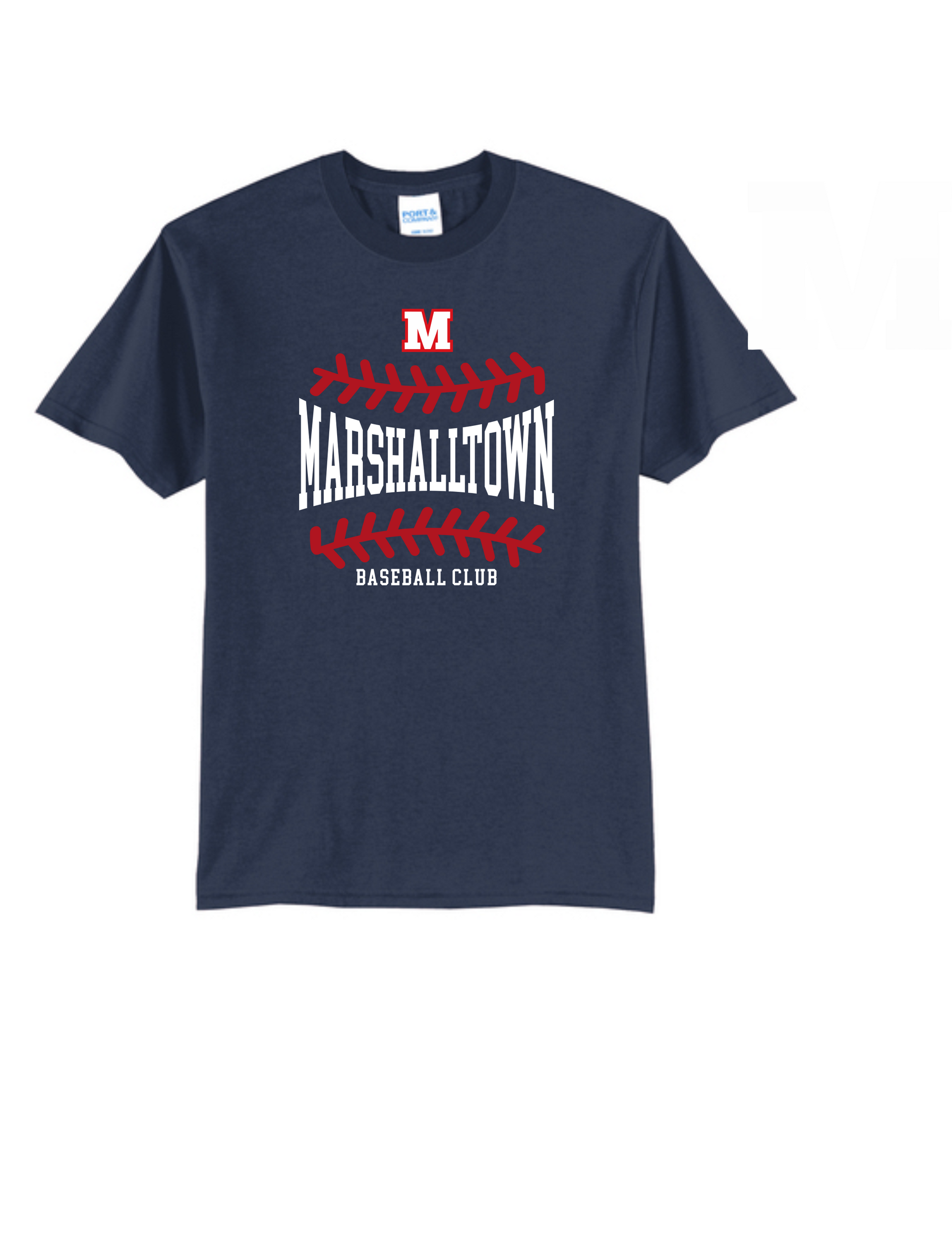 A dark navy blue t-shirt featuring the white text 