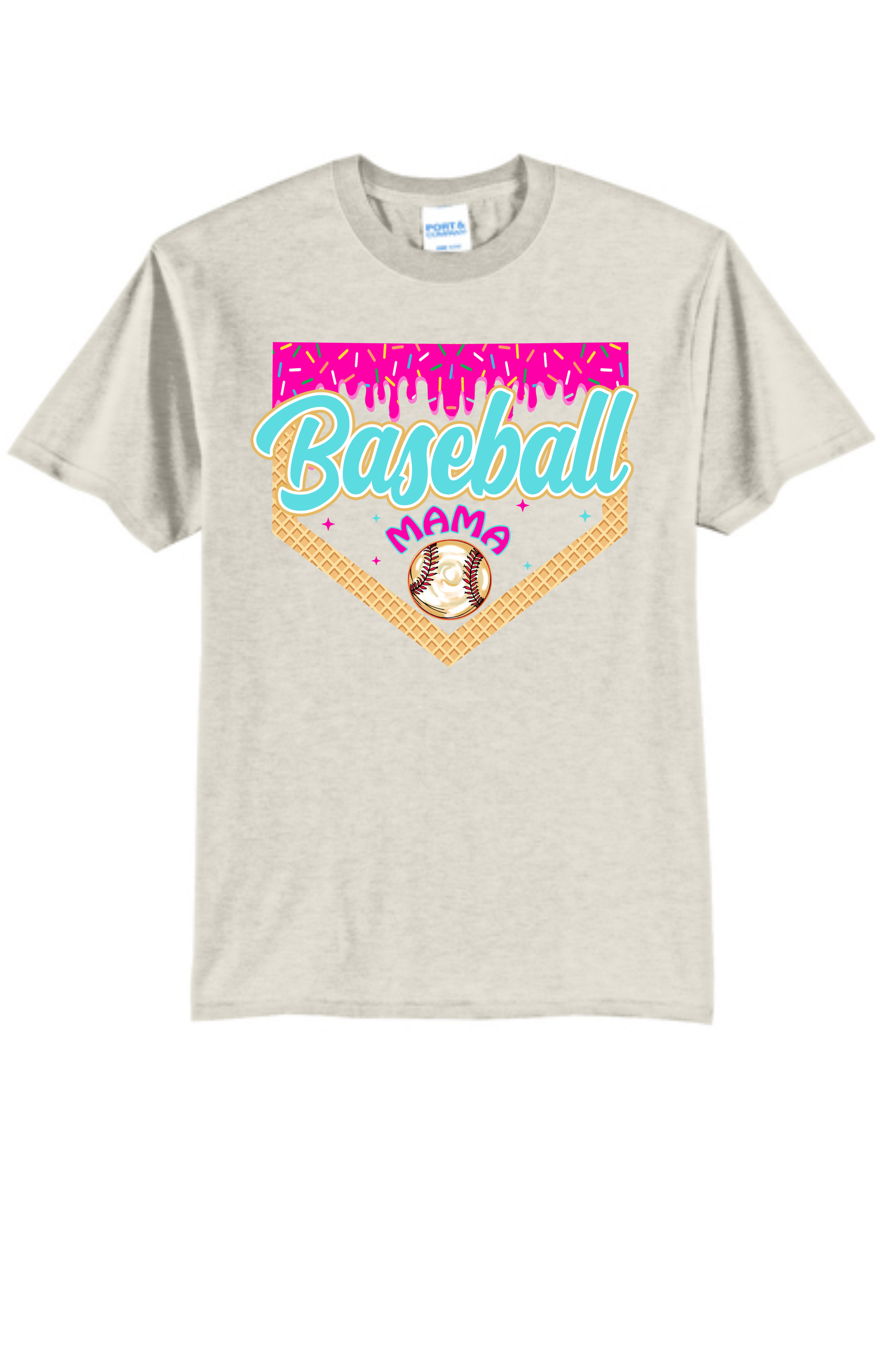 Light heather gray t-shirt with a pink-drip home plate graphic, blue 