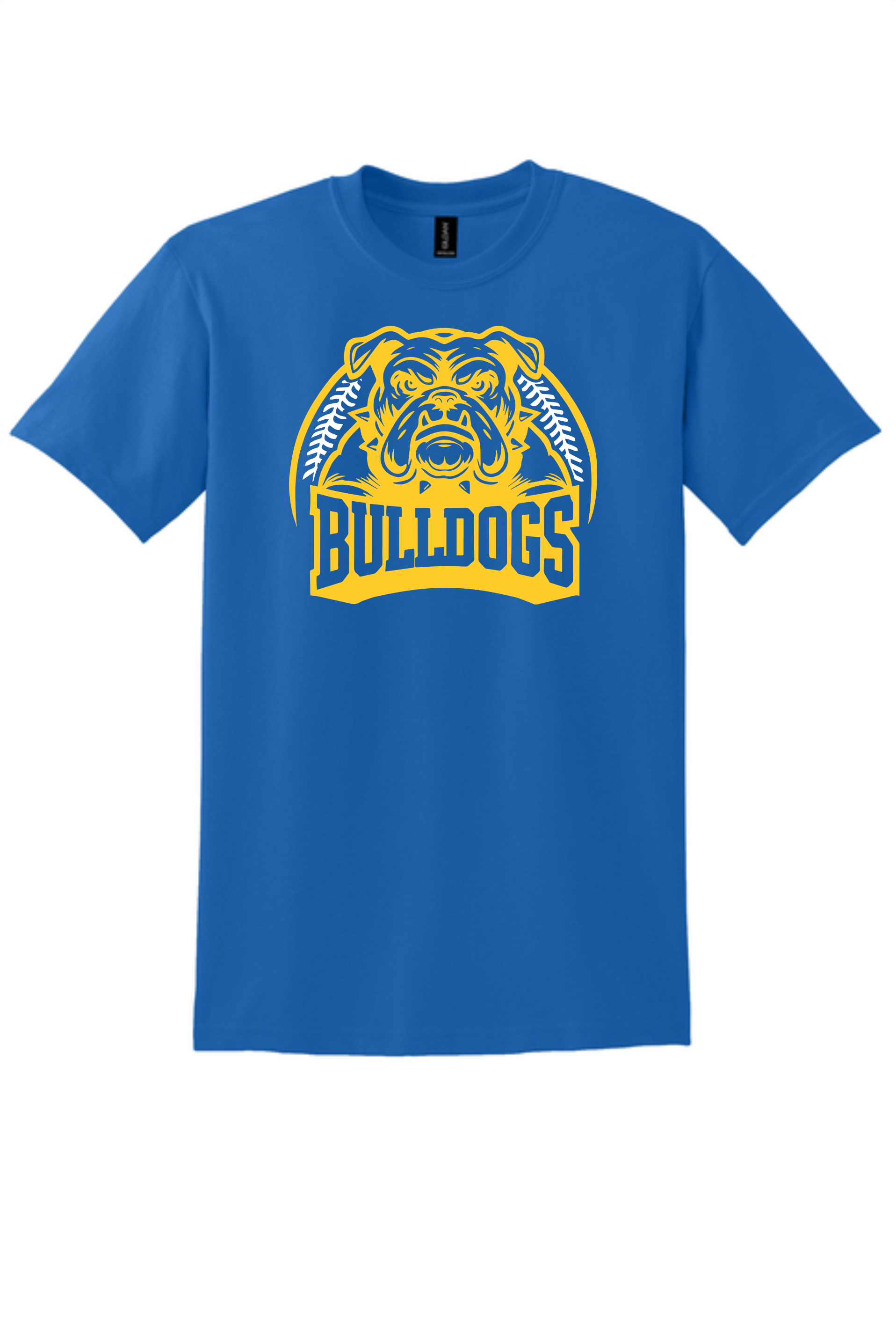 Blue T-shirt with a yellow and white graphic of a bulldog face and the word 