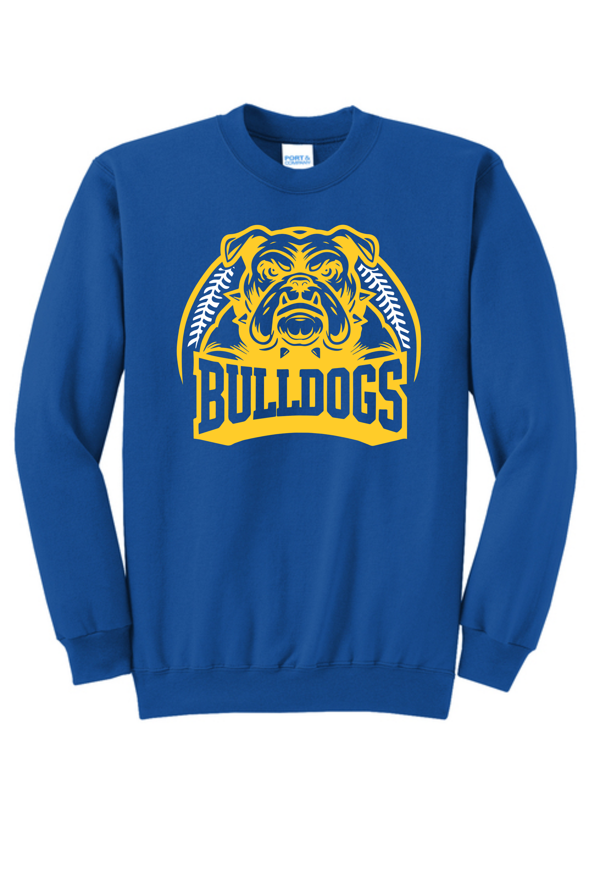 Blue T-shirt with a yellow and white graphic of a bulldog face and the word 