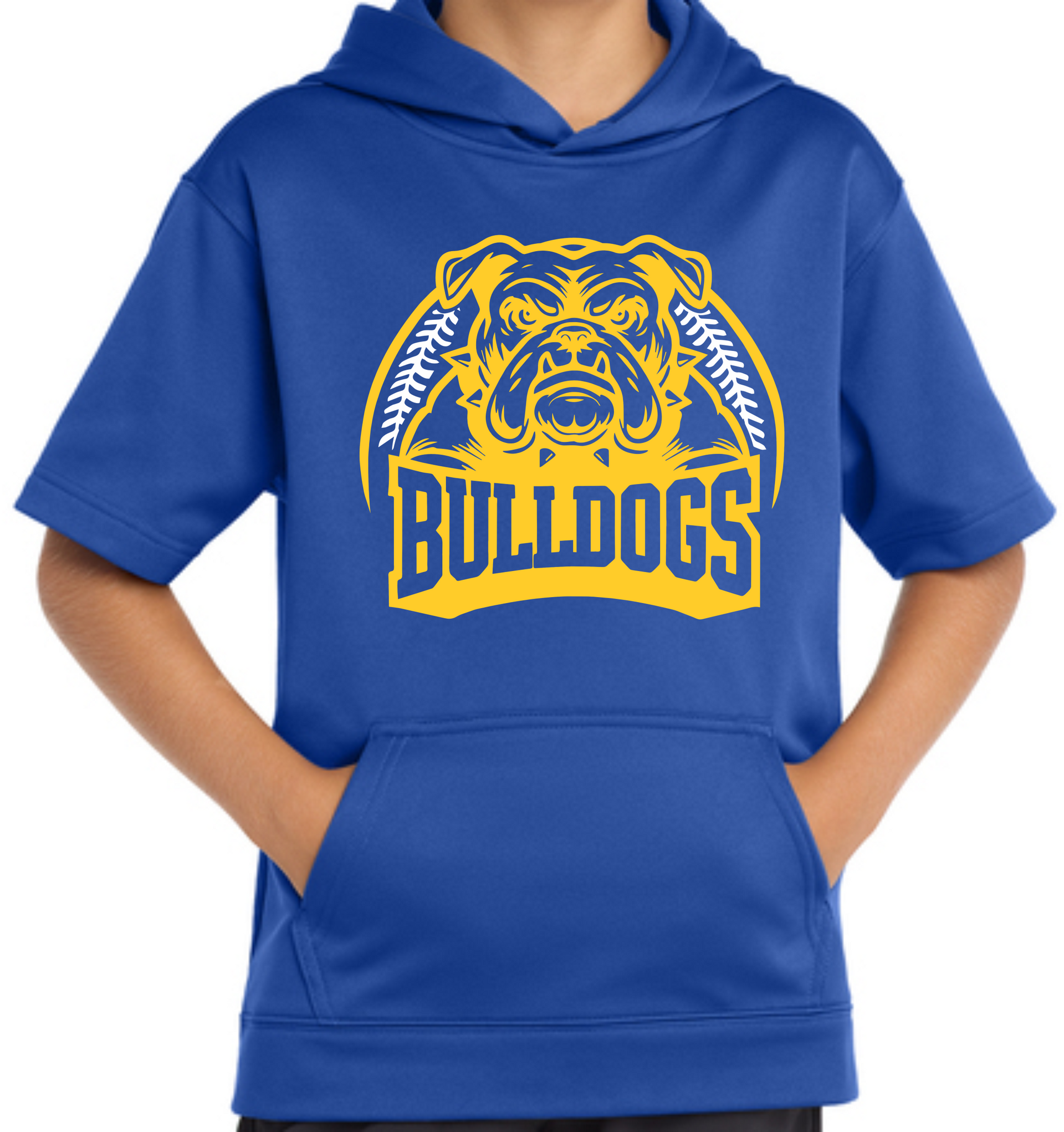 A blue, short-sleeved hooded sweatshirt featuring a yellow bulldog graphic with the text