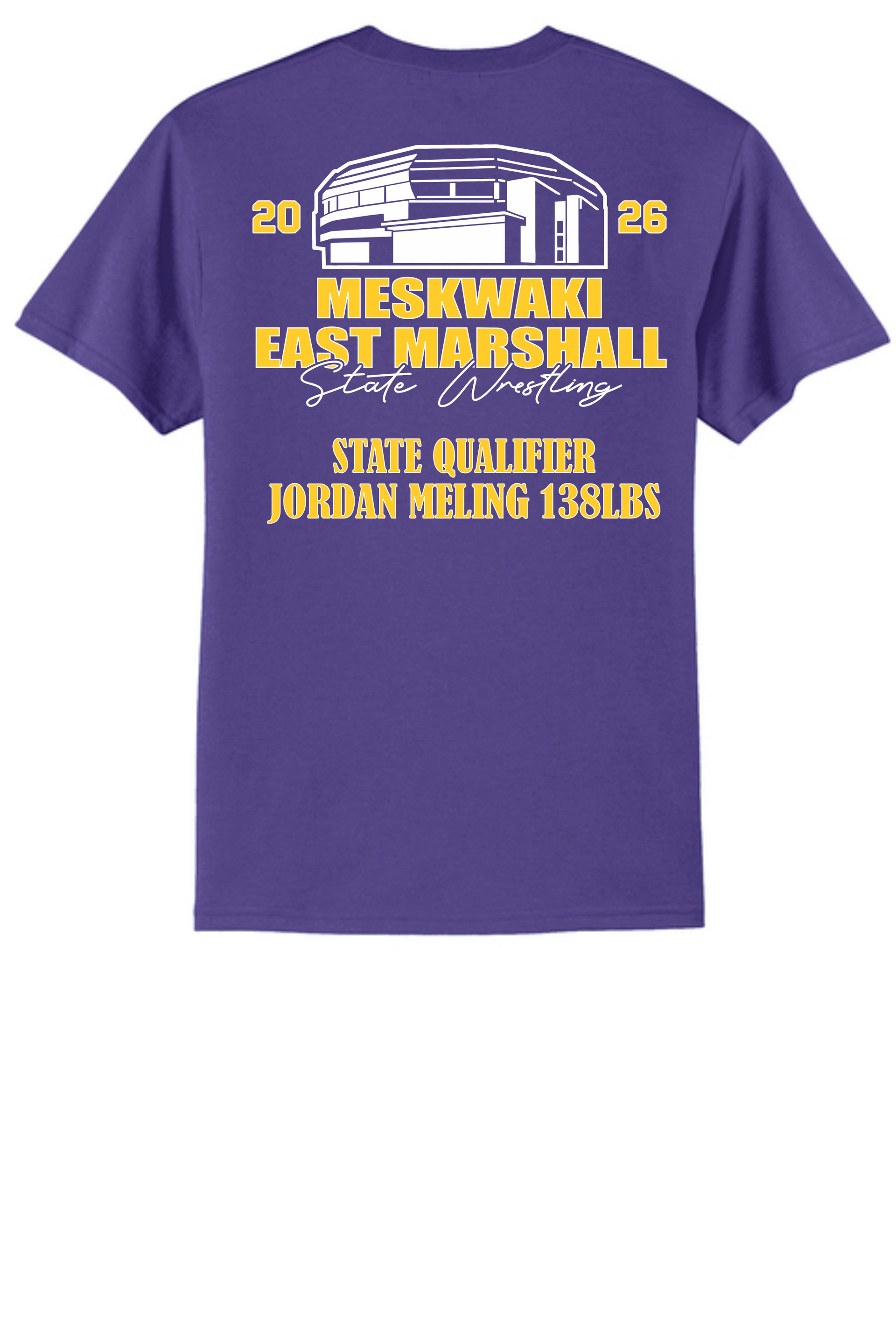 A purple T-shirt with a muscular horse mascot eating pie and the yellow text 