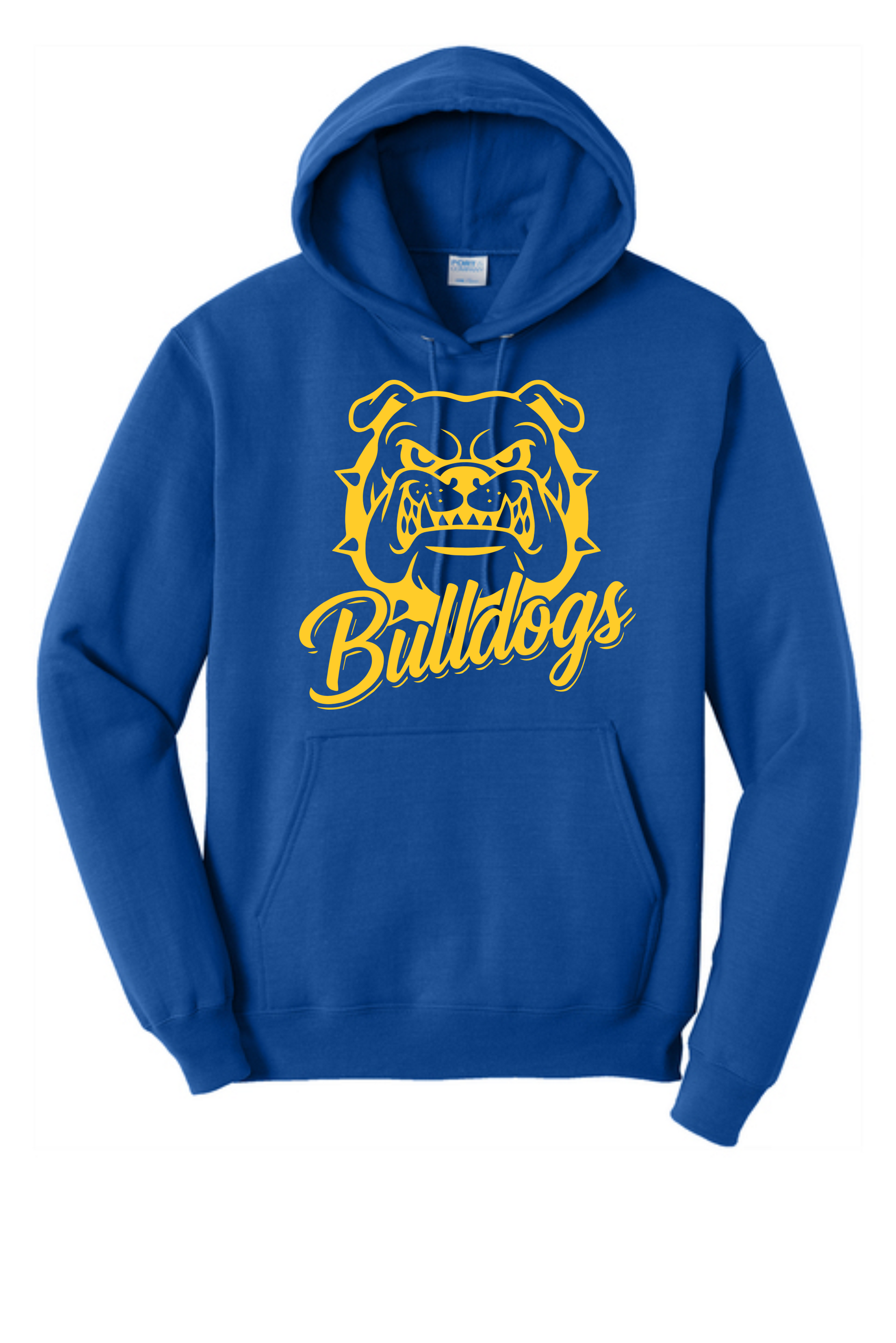 Blue t-shirt featuring a yellow graphic of a bulldog's head and the word 