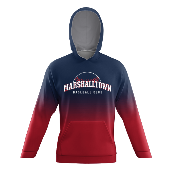 A navy blue to red ombre hoodie featuring 