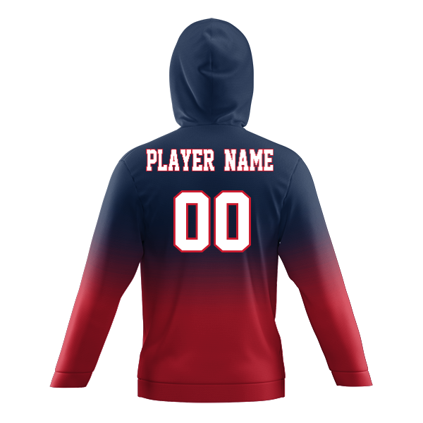 A navy blue to red ombre hoodie featuring 