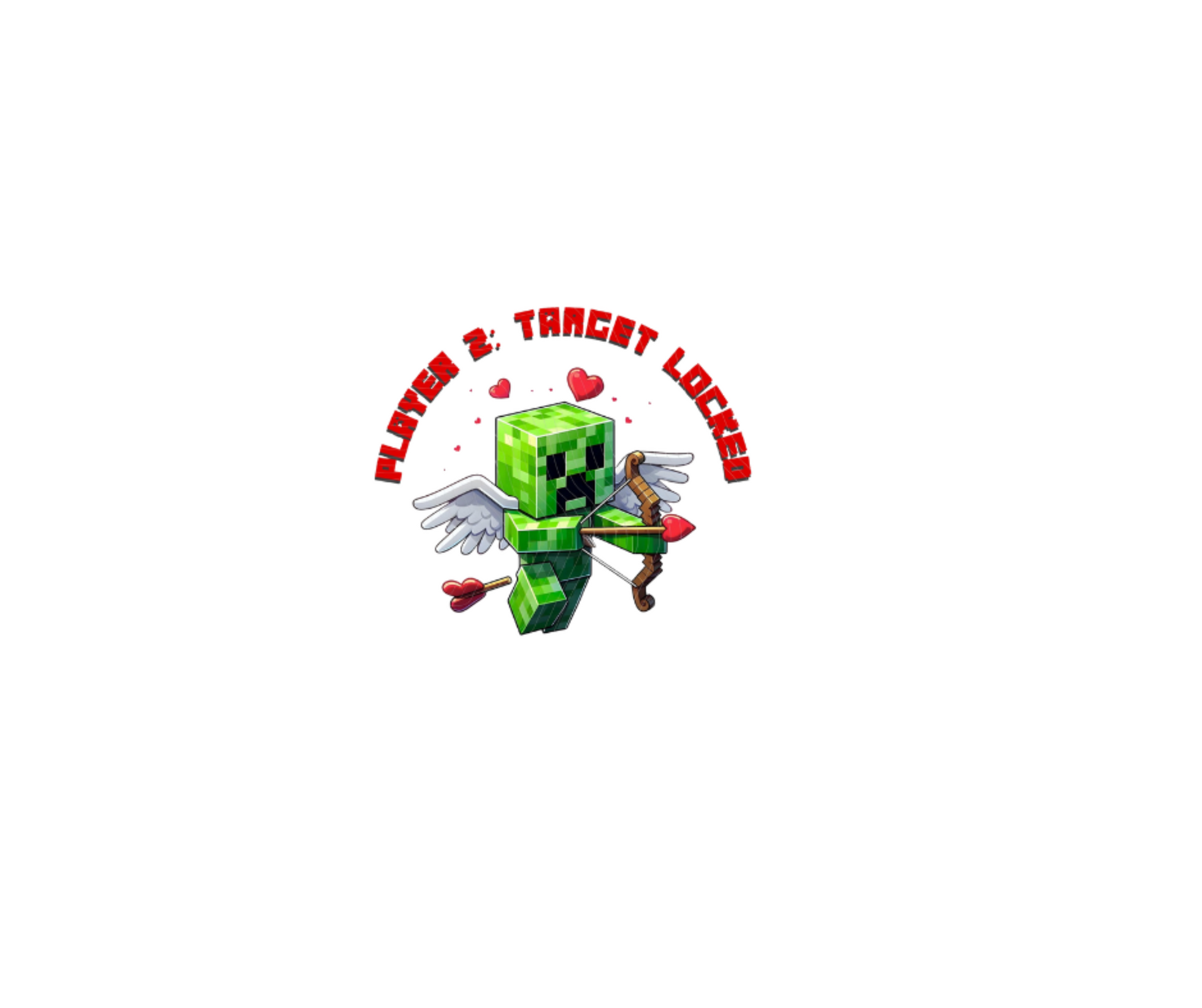 A Minecraft Creeper with Cupid wings and a bow and arrow, surrounded by hearts with the text 
