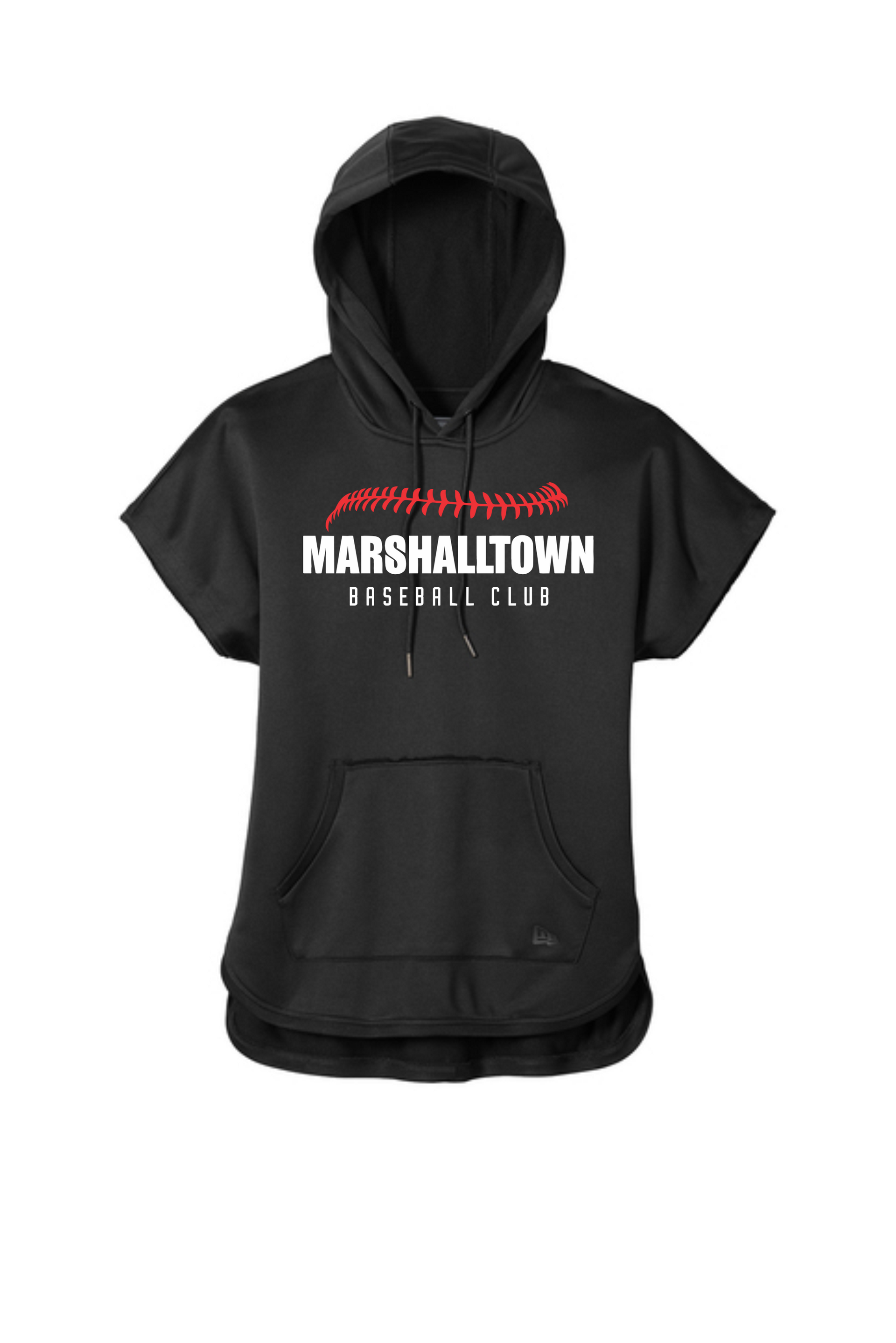 A heathered charcoal-gray short-sleeve hooded sweatshirt with the white text 