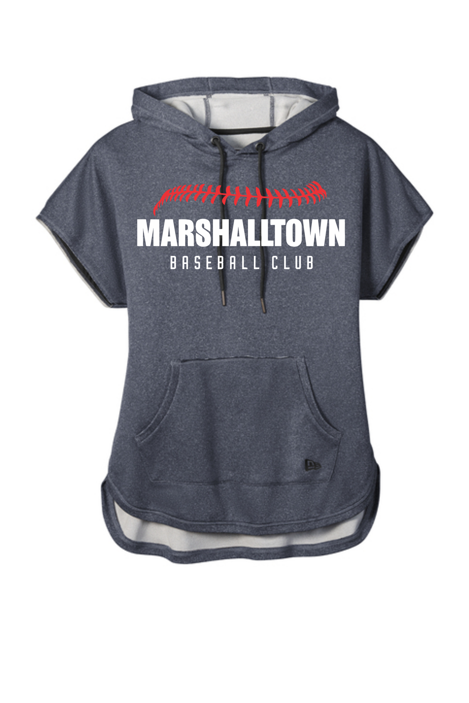 A heathered charcoal-gray short-sleeve hooded sweatshirt with the white text 