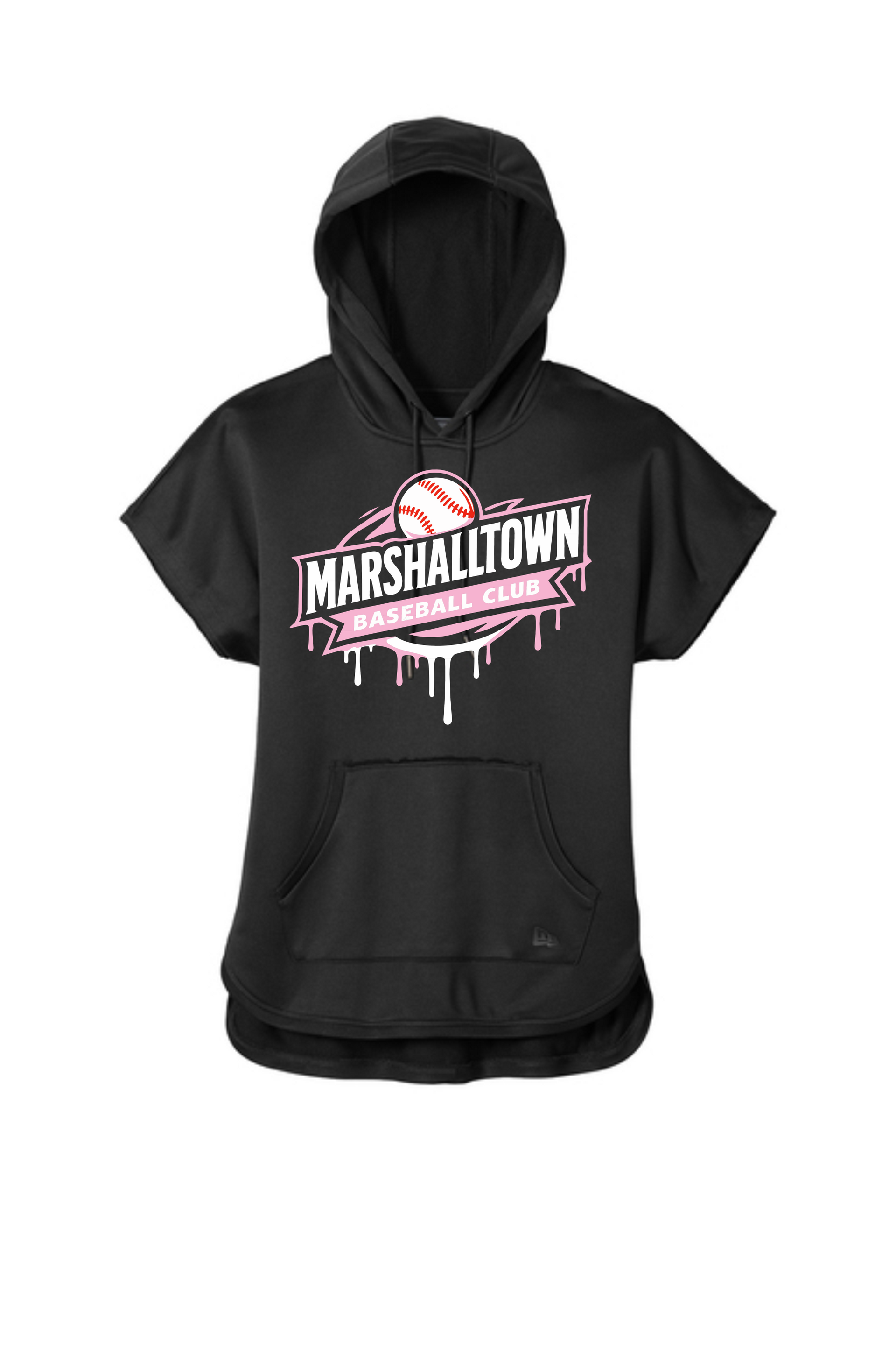 A black short-sleeved hooded sweatshirt featuring a Marshalltown Baseball Club logo with a pink and white dripping effect.
