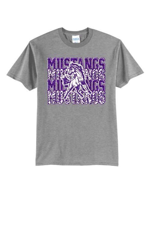 A grey crew-neck t-shirt featuring a purple, white, and black graphic of a horse and the repeated word 
