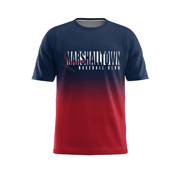 A navy blue to red gradient short-sleeved t-shirt with 