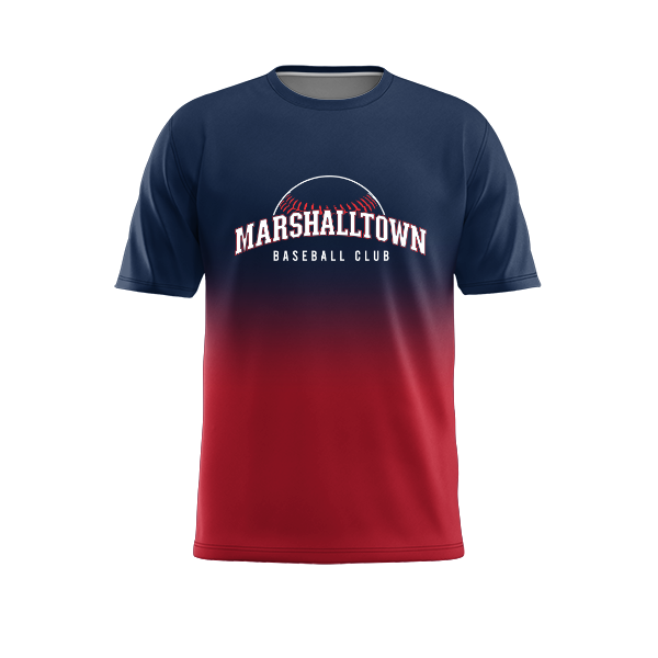 A dark blue to red gradient short-sleeve T-shirt with 