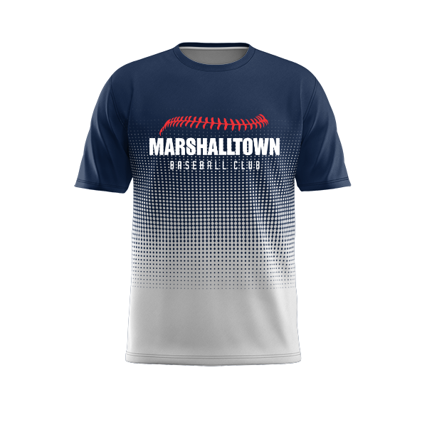 Navy blue and white gradient athletic t-shirt with a red baseball stitch graphic and 