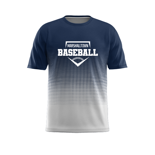 A navy blue and white baseball T-shirt with a gradient dot pattern and 